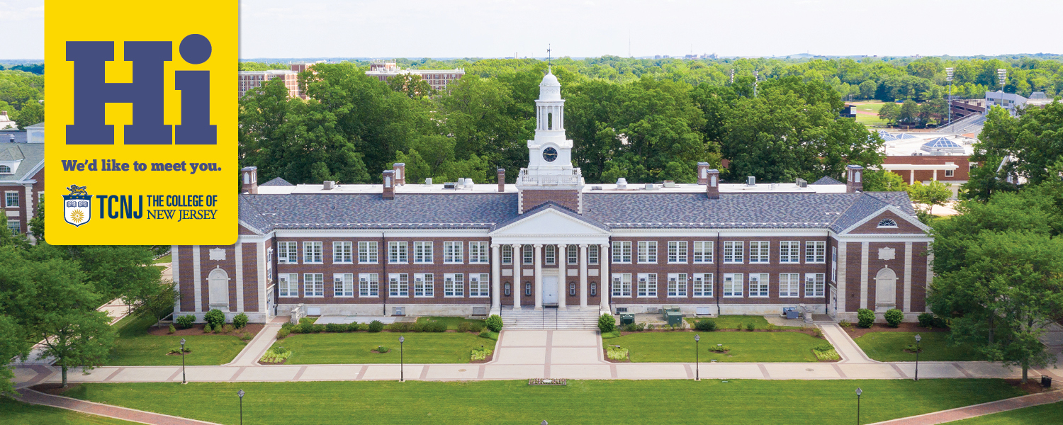 Picture of Green Hall with a banner on the left that says "Hi We'd like to meet you."